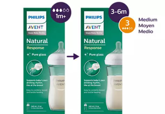 Biberon din sticla Philips Avent Natural Response, 3-6 luni, tetina cu debit mediu, 240 ml, SCY933/01, Philips